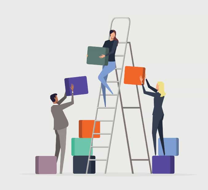 illustration of a worker on a ladder with other workers passing up multicolored blocks